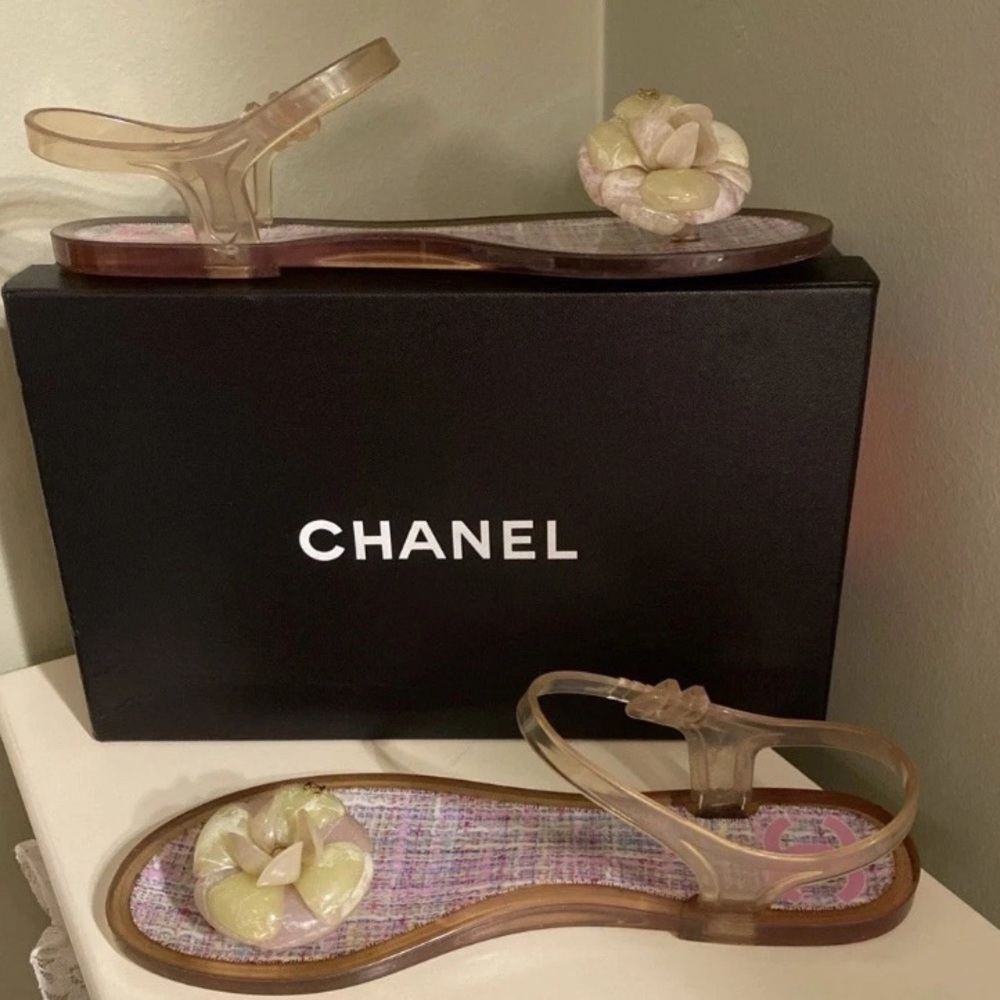 Auth CHANEL Wom 40 Pink Tweed CC Camelia Jelly Strap Flip Flops Flat Sandals